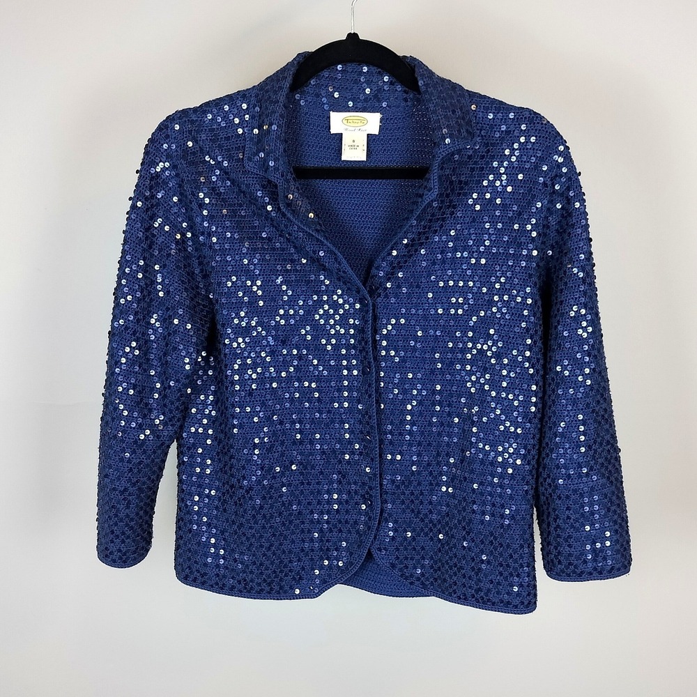 Silk Cotton Talbots‎ Hand Knit Sequin Cardigan Jacket Navy Blue Women Small